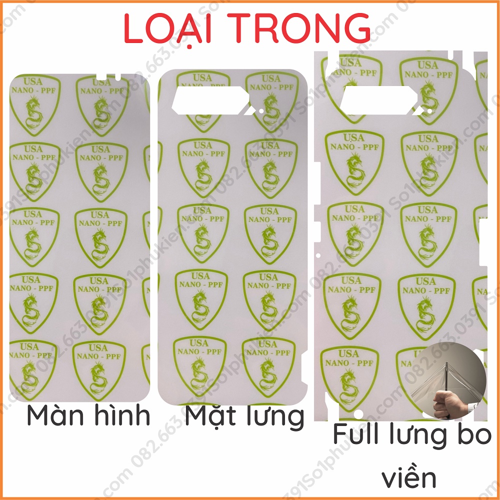 Dán dẻo PPF Asus Rogphone 5 loại trong, nhám dành cho màn hình, mặt lưng, full lưng bo viền