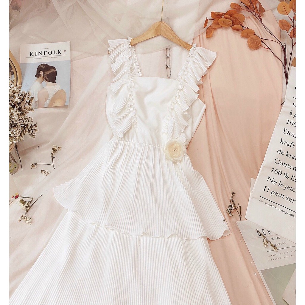 Đầm váy dập ly kem tang hoa phong cách XUKA-DRESS MT040