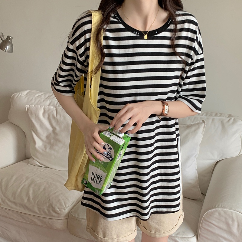 SUXI Đầm Thun Cotton Dáng Rộng Họa Tiết Sọc Trắng Đen Cổ Điển Thời Trang Mùa Hè Cho Nữ
