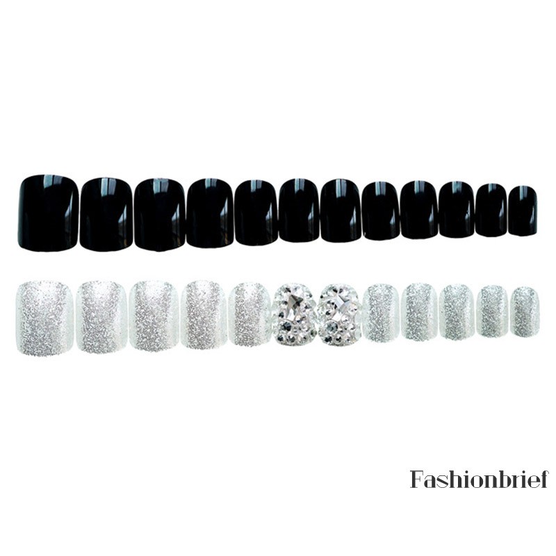 Bộ 24 móng tay giả che toàn móng màu đen trơn đính kim cương giả lấp lánh 3D có thể tháo rời trang trí cho cô dâu