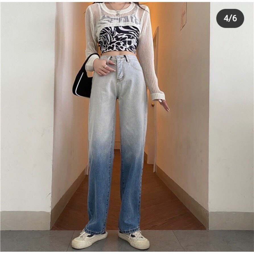 Quần baggy jean nữ JohnsonLi, lưng cao ống rộng, loang 2 màu