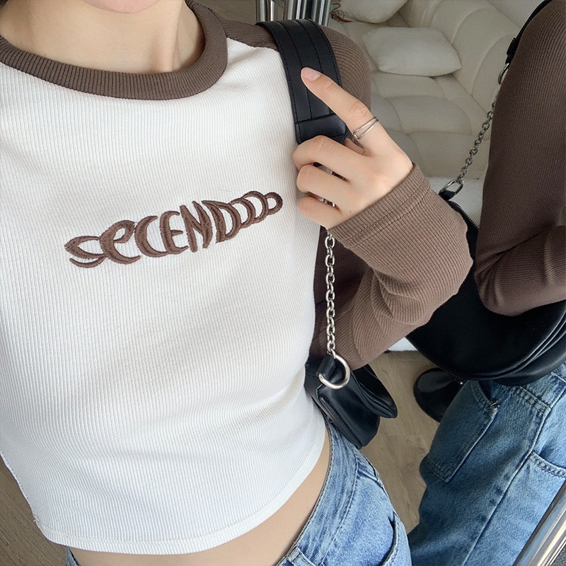 SUXI Áo Thun Tay Dài Dáng Ôm Màu Sắc Tương Phản Thời Trang Xuân Thu Quyến Rũ Cho Nữ