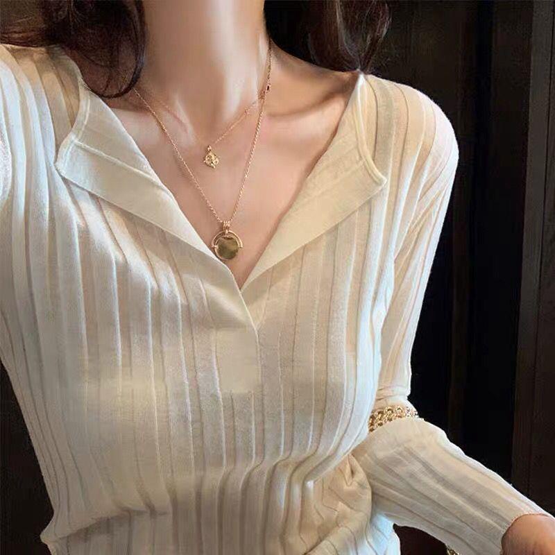Áo Dệt Kim Mỏng Tay Dài Cổ Chữ V Phong Cách Xuân Thu Mới Cho Nữ