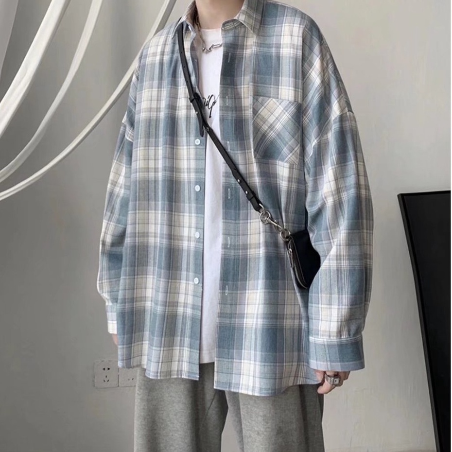 Áo Sơ Mi Caro Tay Dài Dáng Rộng Trẻ Trung Phong Cách Hàn Quốc Cho Nam Size M-3xl