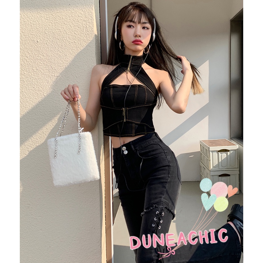 Áo kiểu DUNEA trễ vai phối khóa kéo quyến rũ thời trang dành cho nữ