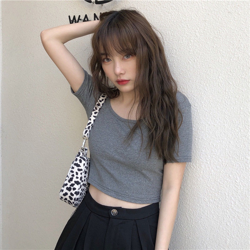 Áo Thun Lửng Ngắn Tay Dáng Ôm Thời Trang Hàn Quốc Gợi Cảm Cho Nữ
