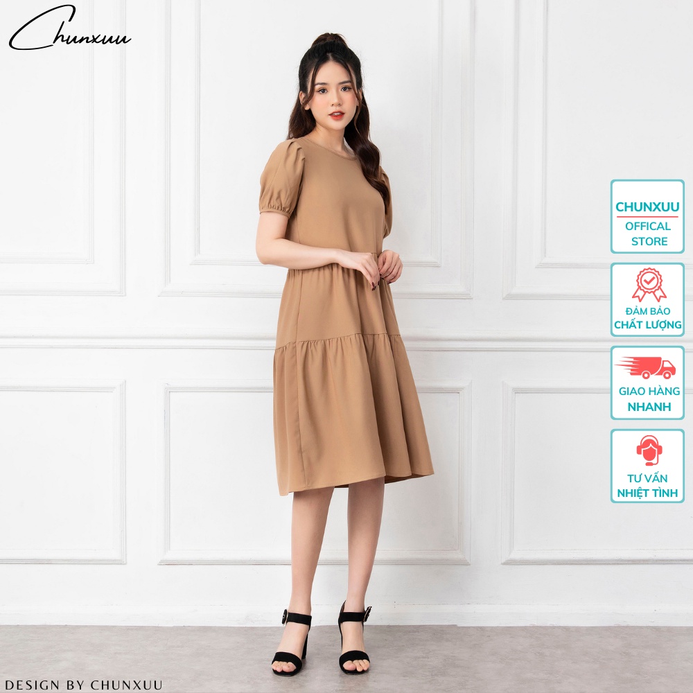 Váy babydoll dáng dài tay bồng tiểu thư, đầm suông thiết kế thắt nơ lưng trẻ trung ChunXuu V01