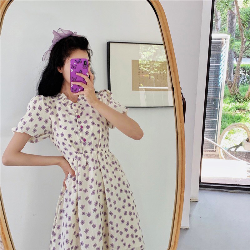 Váy trắng babydoll hoa tím body Ulzzang tay bồng , Đầm nữ vintage thiết kế dáng ngắn | BigBuy360 - bigbuy360.vn
