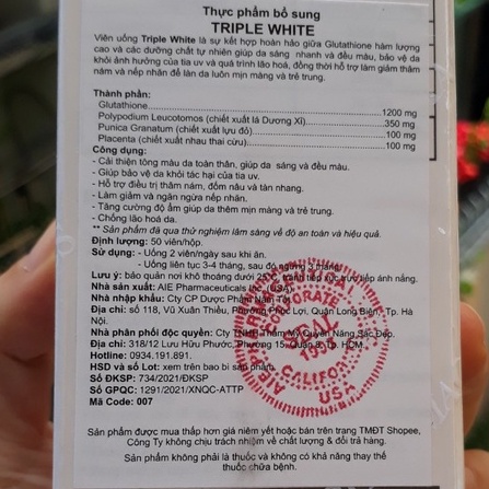 Viên uống TRIPPLE  WHITE trắng da, chống nắng, giảm thâm nám, chống lão hoá 50 viên