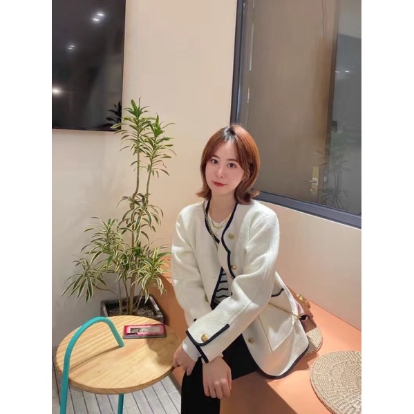 Áo khoác dạ tweed viền đen