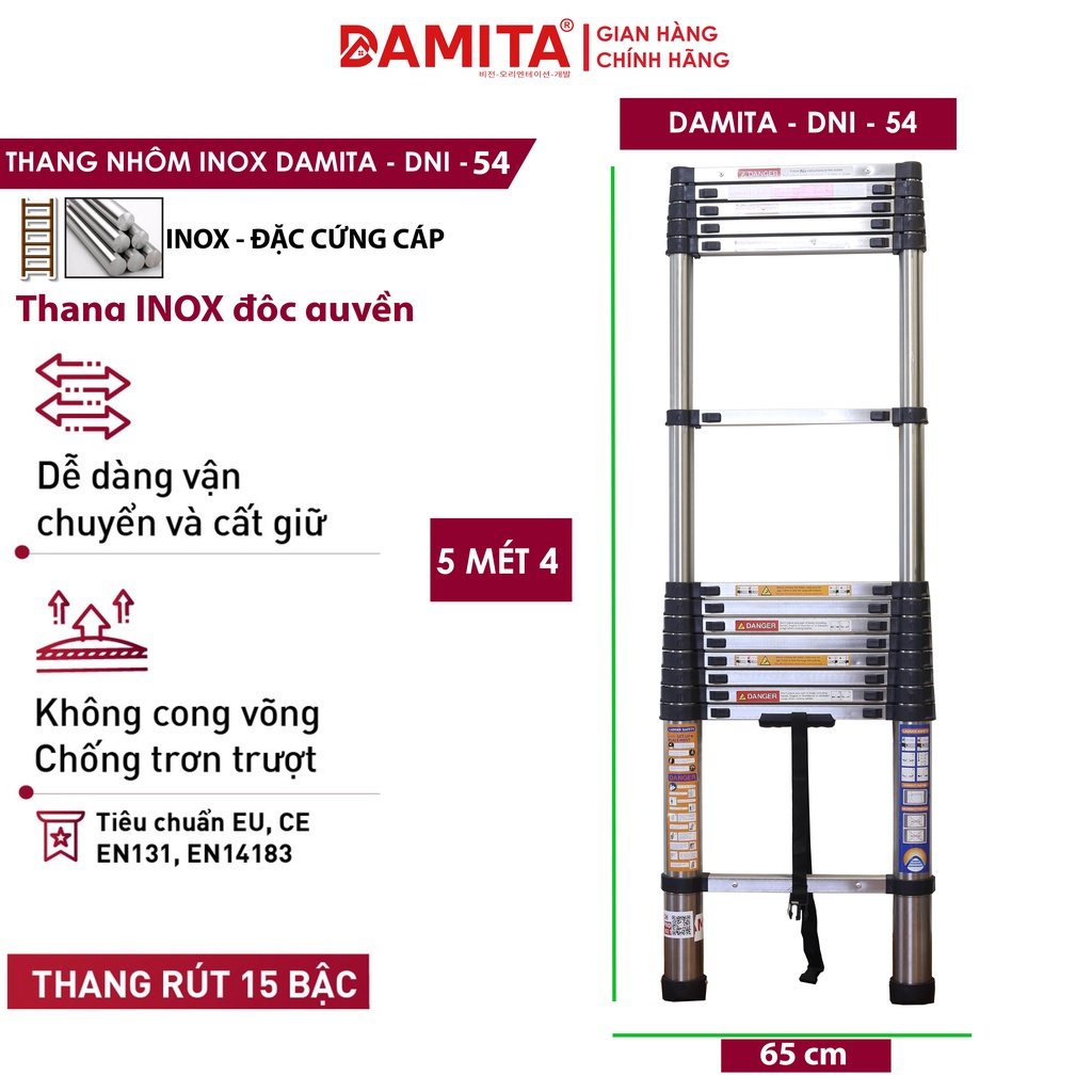 Thang nhôm rút đơn 5.4m INOX 2022 mới cao cấp rút gọn đa năng đai an toàn nhựa ABS bảo hành 24 tháng FREESHIP 2h