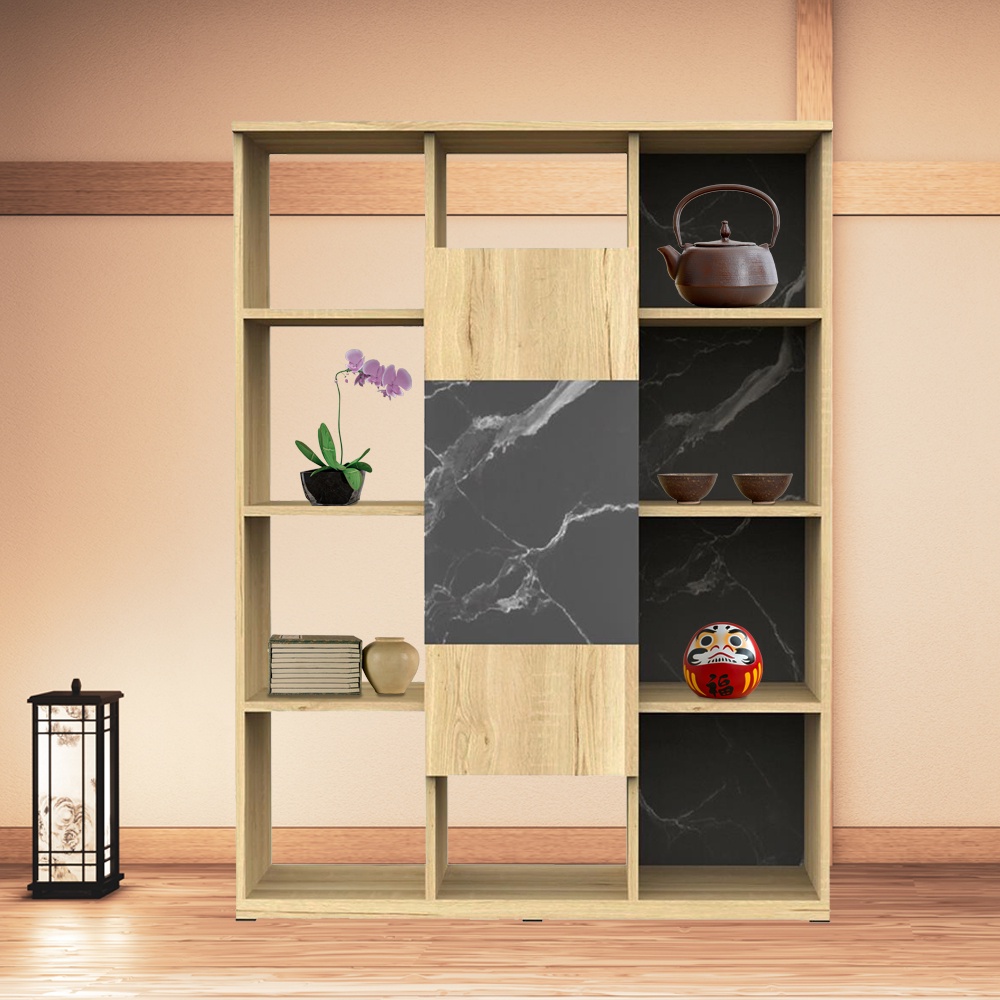 HomeBase FURDINI Kệ gỗ ép có 2 tông màu POSH Thái Lan W90xH120xD30cm màu đá cẩm thạch đen/vân gỗ