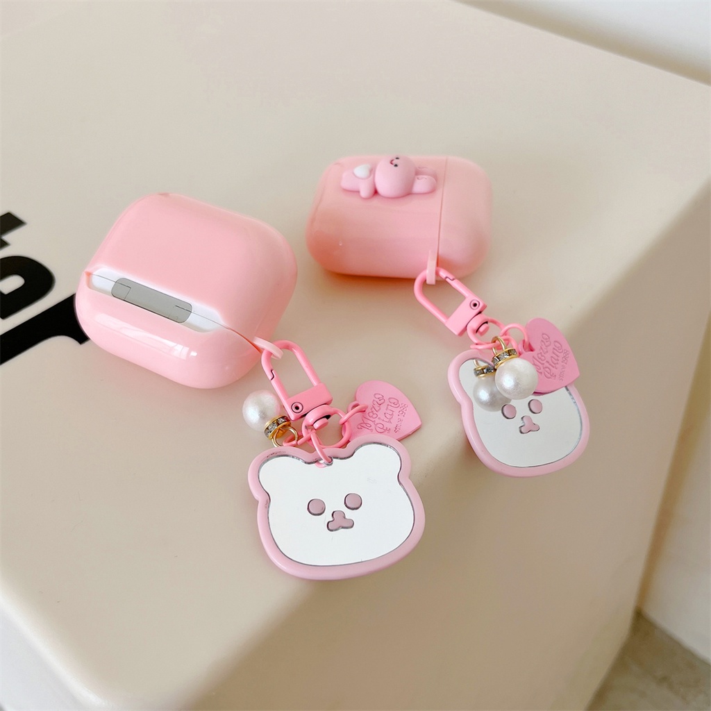 Vỏ Bảo Vệ Hộp Sạc Tai Nghe AirPods Pro 1 2 3 Hình Thỏ Hồng Dễ Thương Kèm Gương Soi Tiện Dụng