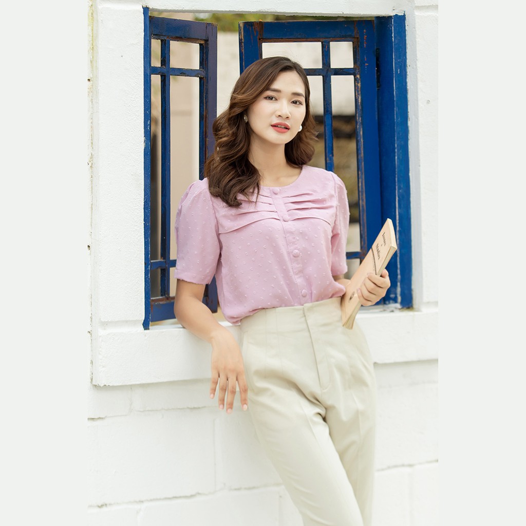 Áo nữ kiểu sơ mi công sở thiết kế thời trang Eden cổ tròn phối nút xếp li ngực chất vải mềm mịn thoáng mát - ASM158