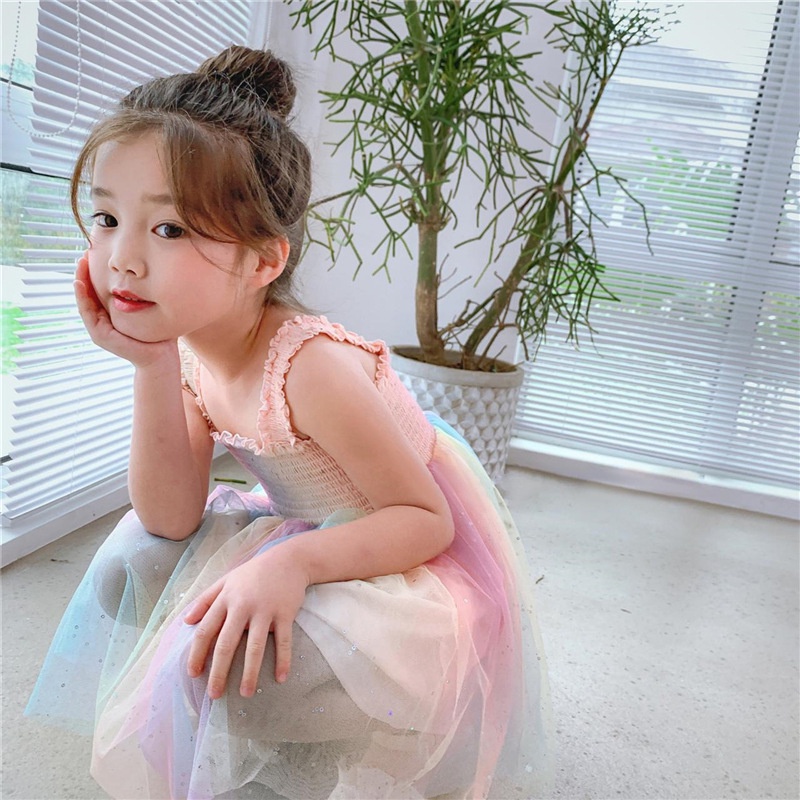 Đầm hai dây IQ ANGEL phối lưới màu cầu vồng xinh xắn cho bé gái