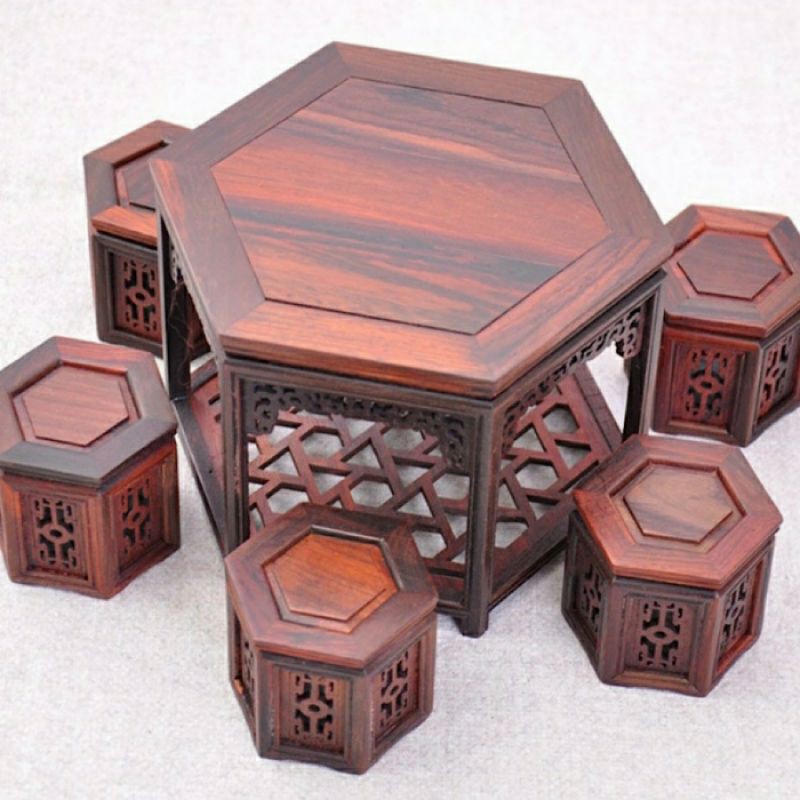 BỘ BÀN GHẾ ĐÔN LỤC GIÁC MINI KIỂU CỔ BẰNG GỖ ĐỂ TRANG TRÍ
