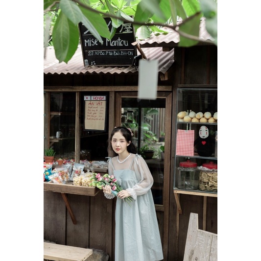 Đầm babydoll caro nhí phối ren tay phồng - TINY DRESS - CARROTFARM