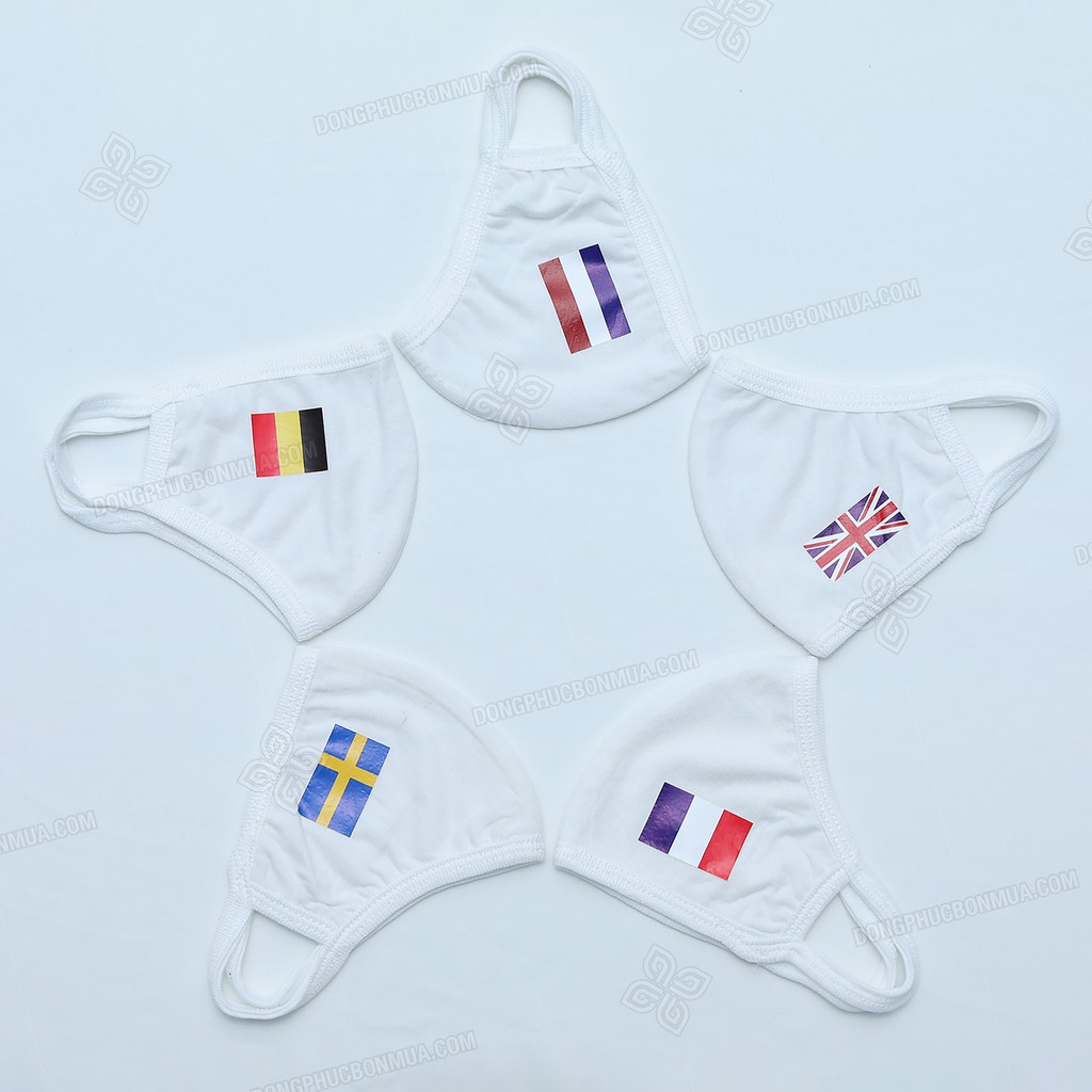 Combo 10 Khẩu Trang Vải Màu Trắng Kháng Khuẩn In Cờ Các Quốc Gia Tham Dự EURO Co Giãn, Bảo Vệ Sức Khỏe Toàn Diện