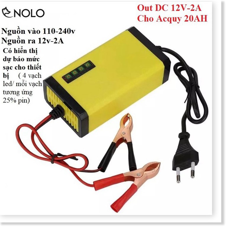 Cục Sạc Acquy Thông Minh Tự Ngắt Có Hiển Thị Mức Pin 12V 2A Dành Cho 20AH