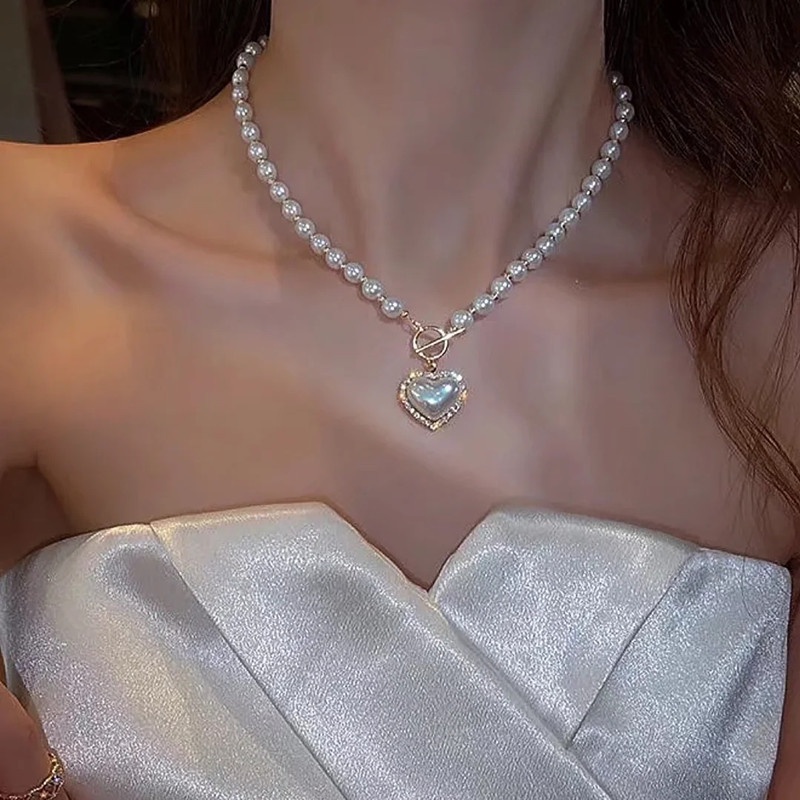 Vòng cổ Mặt Trái Tim Đính Đá Và Ngọc Trai Thời Trang Sang Trọng Cho Nữ