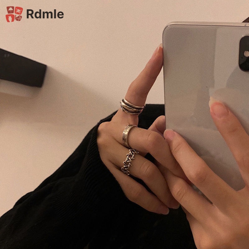 Set 3 Nhẫn Hợp Kim Mạ Điện 3 Kiểu Dáng Hình Học Phong Cách Hiphop Thời Trang