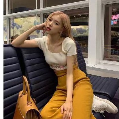 Blackpink rose Set Áo Croptop Hoạ Tiết Hoa Hồng Thêu + Quần Dài Lưng Cao Phong Cách Hàn Quốc