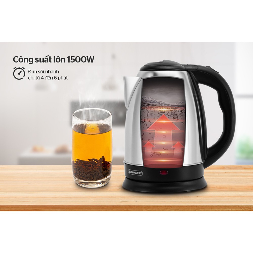 Ấm Siêu Tốc Inox 1.8L SUNHOUSE SHD1182 - Ấm Siêu Tốc SunHouse Chính Hãng - An toàn - BH 12T
