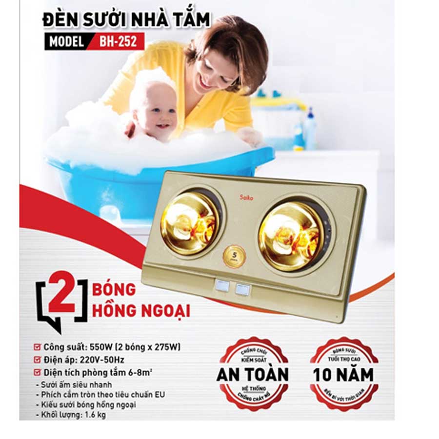 Đèn sưởi nhà tắm 2 bóng Saiko, 550W, 6-8m2 - hàng chính hãng