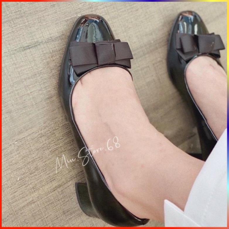 Giày cao gót nữ mũi vuông nơ lụa da bóng VNXK, giày boot nữ giày công sở gót 3p dễ phối đồ
