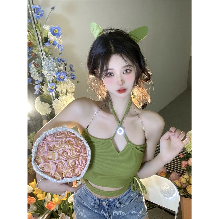 Áo Ống Ngắn Hai Dây Màu Xanh Lá Trơn Thời Trang Hàn Quốc Cho Nữ