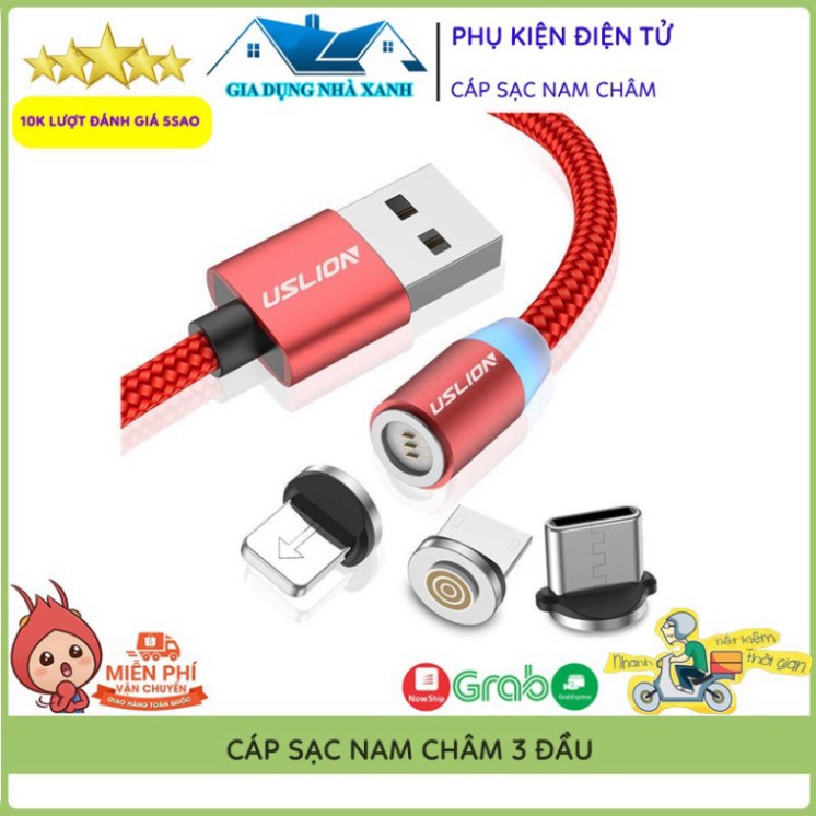 👑Giá Hủy Diệt👑 Bộ Cáp Sạc Dù Nam Châm 3 Đầu Hít Dành Cho ANDROI/IPHONE/TYPE C Xoay 360 Độ, Có Đèn Led