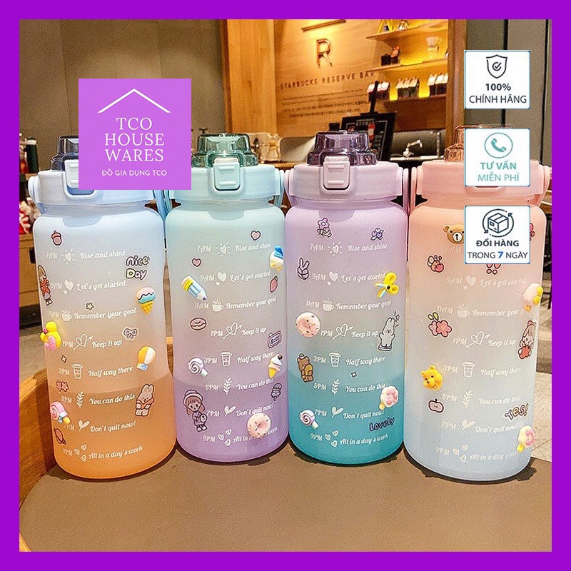 Bình nước 2 lít tặng Sticker dành cho người lười uống nước TcoHouseware bình nước cute 2L có ống hút, vạch chia nhắc giờ