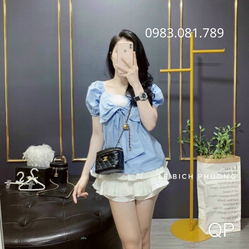 [Hàng Cao Cấp - Y Hình] Áo cộc tay  phối nơ và hoa cài trước ngực rất xinh