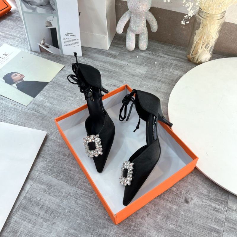 XK(ẢNH THẬT) Giày Cao Gót 7p Đá Vuông Dây Quấn Tháo Rời Fullbox Cao Cấp Lụa Mềm Êm