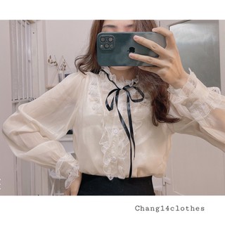 Áo sơ mi voan cổ viền ren