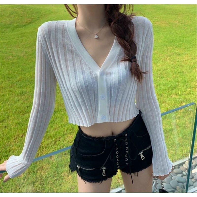 Áo thun cổ  tim V tay dài gân đũa to y hình A15