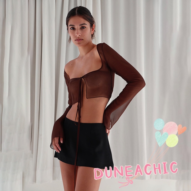 DUNEA Áo Kiểu Dài Tay Cổ Vuông Thiết Kế Quyến Rũ Thời Trang Dành Cho Nữ