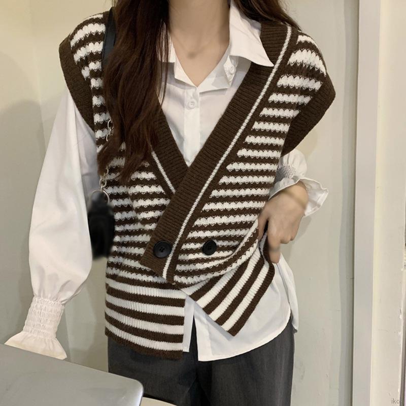 Áo len không tay họa tiết kẻ sọc phong cách retro Hàn Quốc cho nữ