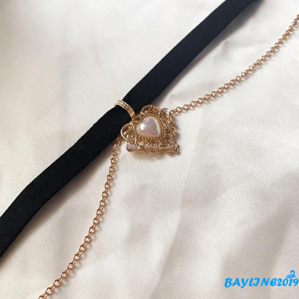 Vòng cổ vải nhung phối mặt hình trái tim mạ vàng đính ngọc trai nhân tạo thời trang cổ điển sang trọng
