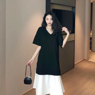(Order) bigsize Đầm dáng dài đuôi cá phối đen trắng
