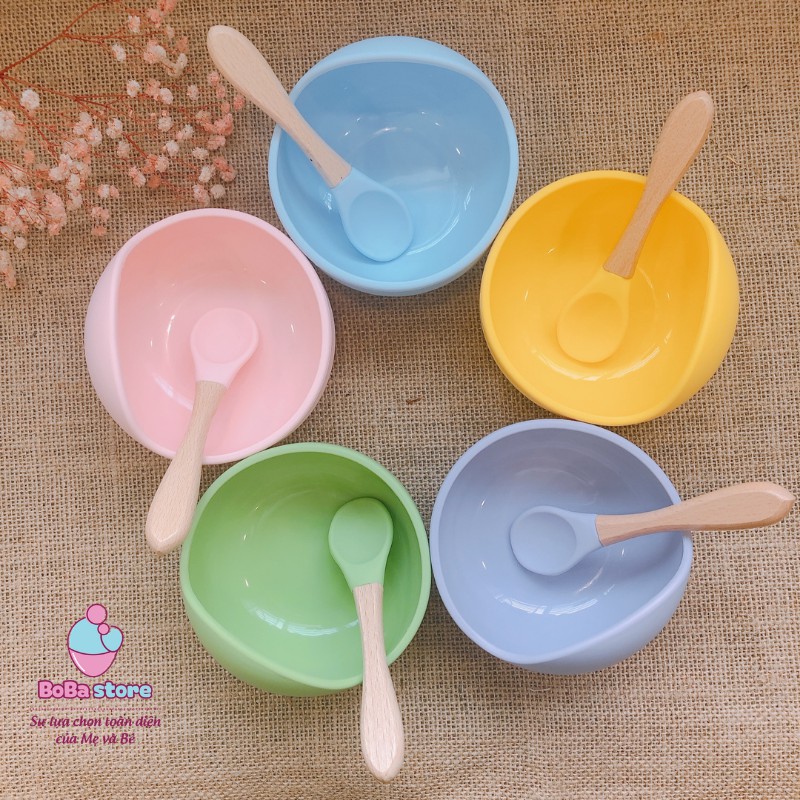 Bộ bát ăn dặm silicone cho bé kèm thìa (có đế chống dính)