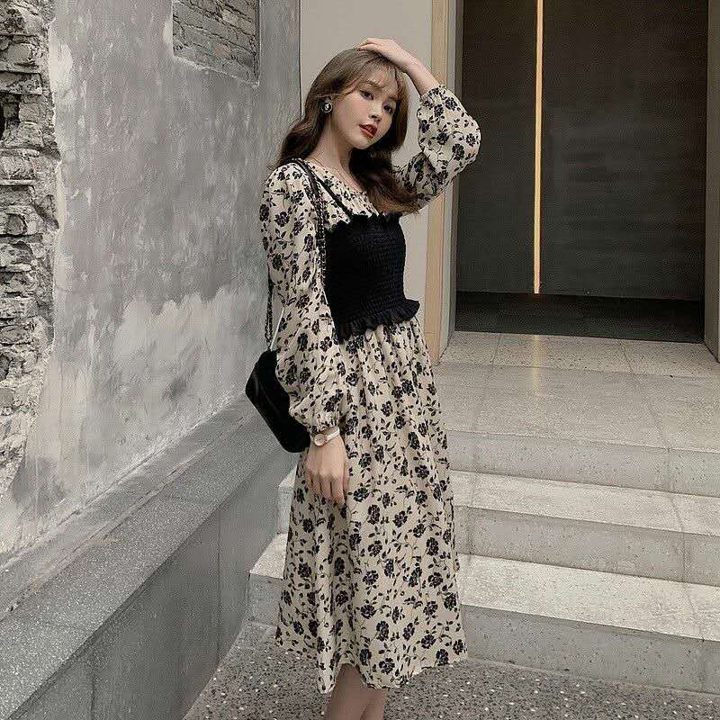 Quần Áo Nữ 👗👗Set Đầm Hoa 2 Dây Màu Đen Phong Cách Retro Pháp
