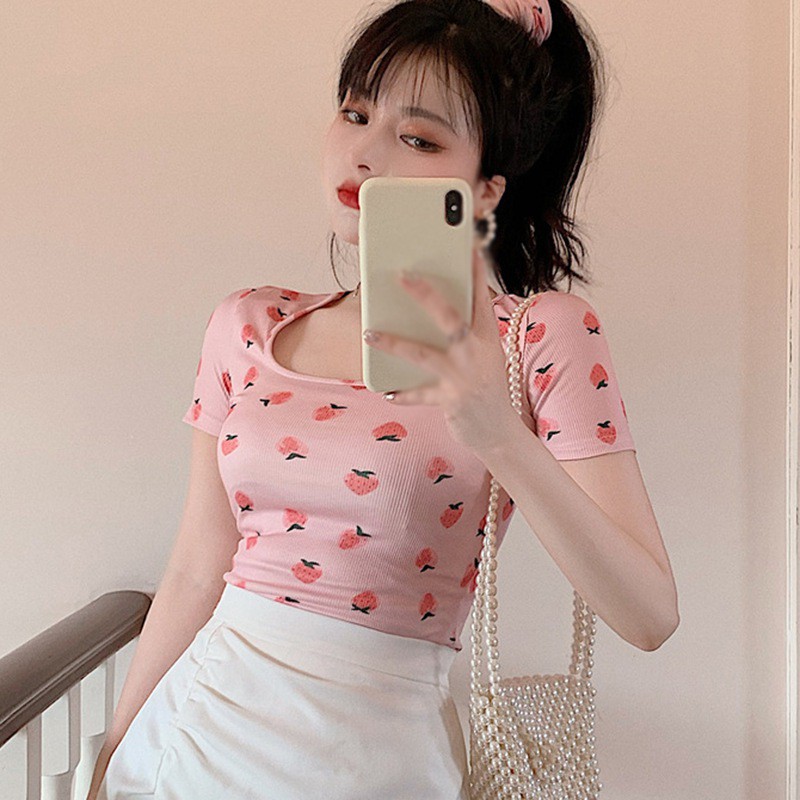 Áo Thun Nữ Ngắn Tay Cổ Vuông Hở Eo Quyến Rũ