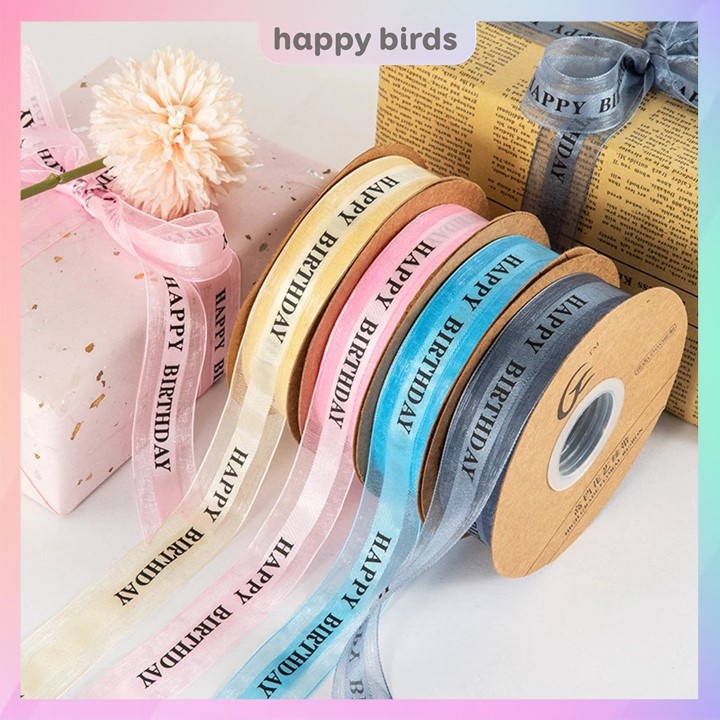 Ruy băng gói quà handmade vài voan, ren, in chữ trang trí quà tặng Happy Birds