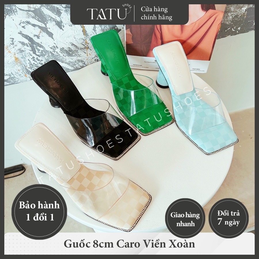 Dép Cao Gót Caro Viền Xoàn TaTu Hàn Quốc cao 8cm
