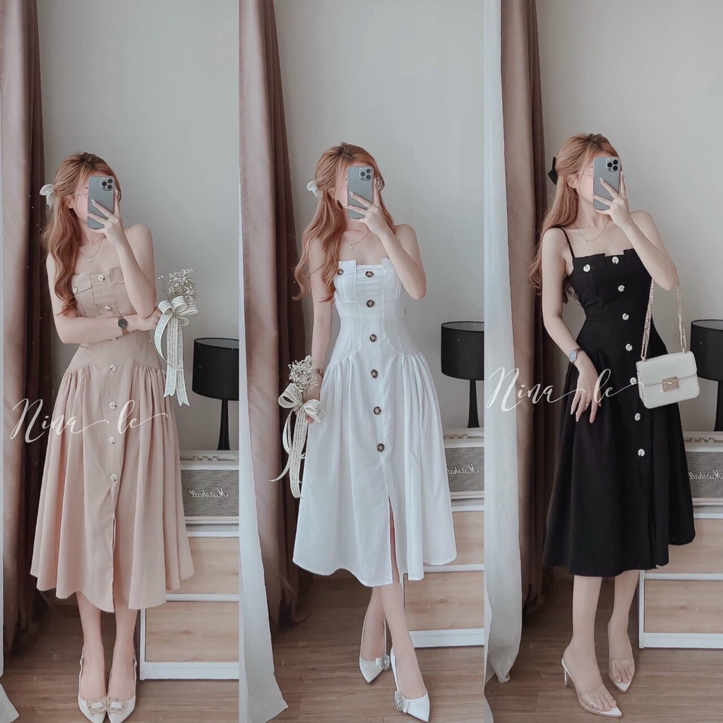 Váy đầm nữ nhún xòe hai dây cài nút thiết kế xinh xắn dễ thương phù hợp đi tiệc đi chơi và dạo phố thời trang Bella Luu