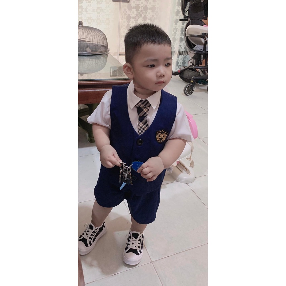 Bộ vest bé trai Hàn Quốc Magickids set vest 3 chi tiết gồm áo gile, áo sơ mi trắng cà vạt, quần short BR22034