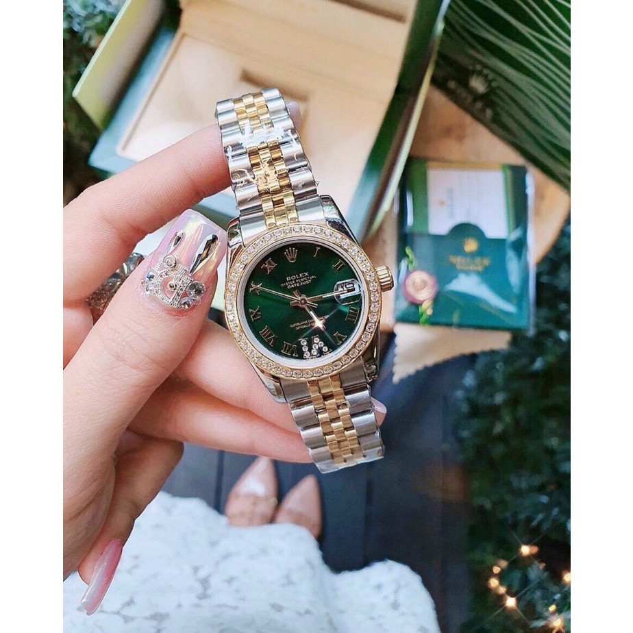 Đồng hồ đeo tay nữ, đồng hồ nữ ROLEX NGỌC TRINH full hộp hãng cao cấp, siêu sang chảnh, viền kim cương nhân tạo cực đẹp