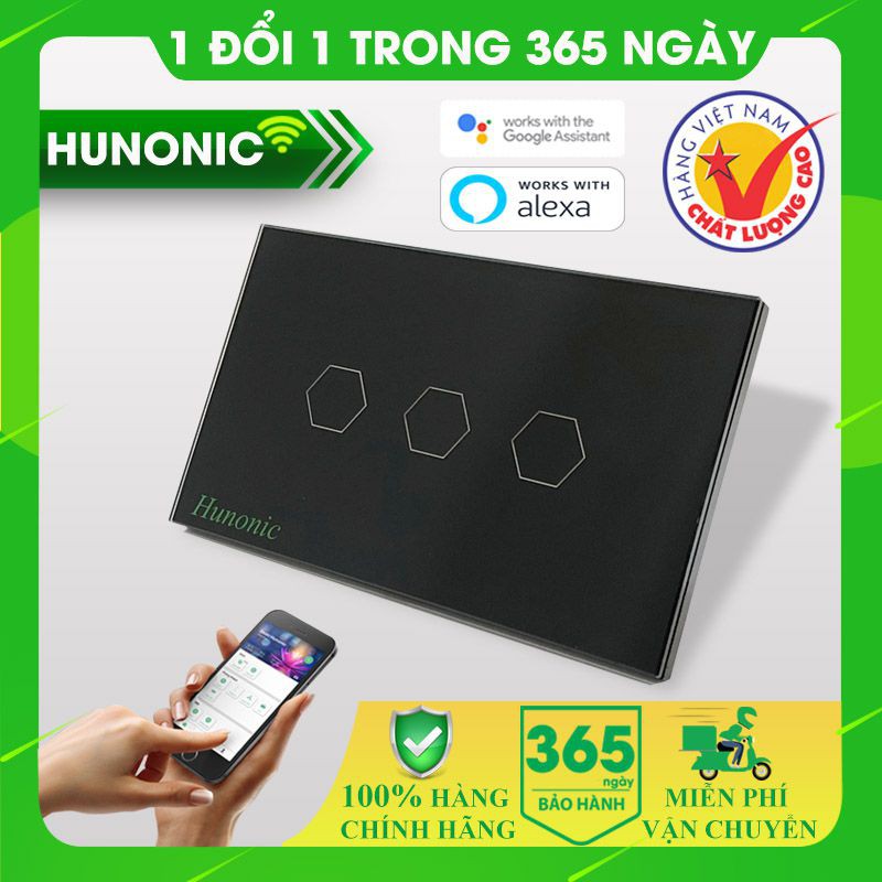 Công tắc Thông minh Hunonic Wifi 3 nút - Hàng Chính hãng BH 12 tháng