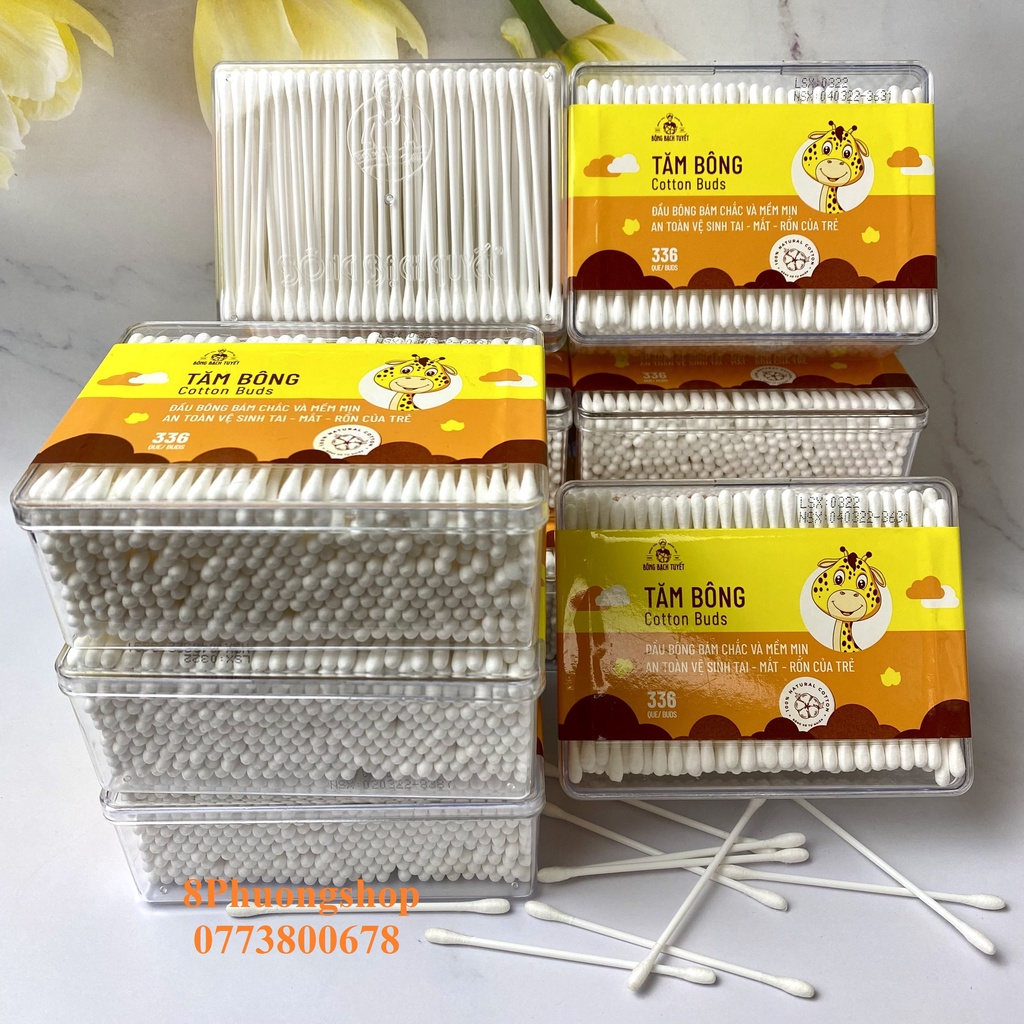 Tăm Bông 336 Que HỘP CHỮ NHẬT Bông Bạch Tuyết Cotton Buds vệ sinh cho bé và người lớn
